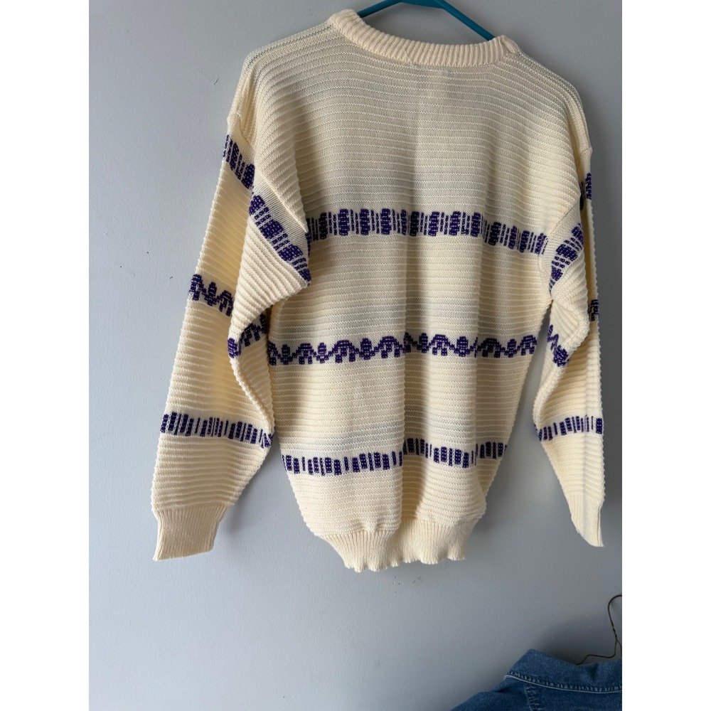 Vintage American Pride Crew Neck Knit Sweater Cream Purple Stripes Made in USA L - Picture 8 of 9